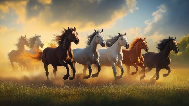 Group of horses running across field at sunset. Horses long manes, tails. Sense of freedom, energy fills scene. Golden light bathes landscape. Wild animals galloping across grassy meadow. Awesome