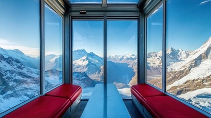 Fototapeta premium Scenic mountain view from a glass cabin with red seating.