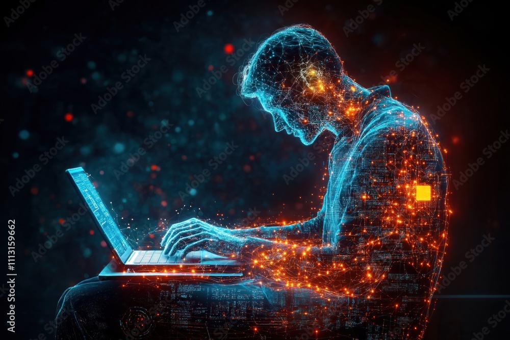 Aufkleber person uses laptop, tablet with internet, computer code. future tech person works with generative ai