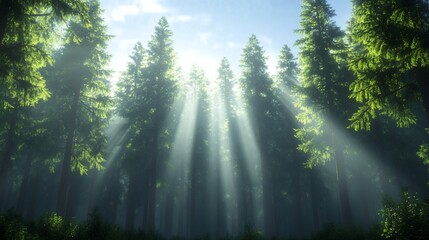 Obraz premium Sunlight filtering through tall trees in a serene forest.