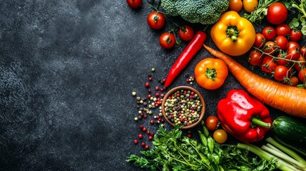 Fresh vegetables and spices on a dark textured background
