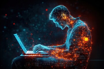 Person uses laptop, tablet with internet, computer code. Future tech person works with generative AI. Digital software development, IoT concept. Person focused on tech. Person sits down. Concept