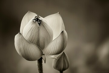Black and white close-up of a blooming lotus flower, showcasing soft petals and intricate details, symbolizing beauty and serenity.
