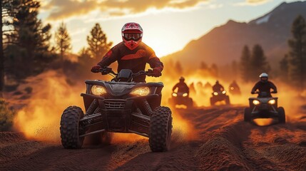 Quad bike racers speed through mountain dirt track at sunset. Extreme sports enthusiasts enjoy adrenaline-pumping ride in desert landscape. Sun sets over rugged terrain. Dusty trail reflects golden