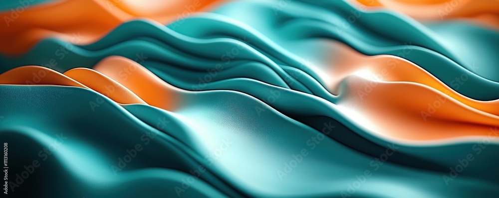 Poster abstract image shows flowing teal, orange wavy shapes. dynamic visual texture. harmonic colors. suit