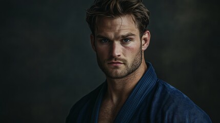 Fototapeta premium A man with short, dark hair and a beard is wearing a blue robe. He looks directly at the camera with a serious expression. He is standing against a dark background.