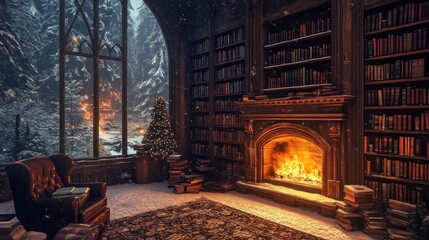Cozy Winter Library: A Christmas Eve Fireplace and Snow Scene