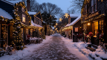 Fototapeta premium Enchanting Winter Street: A quaint cobblestone street is bathed in the soft glow of Christmas lights, reflecting off the fresh snow on a winter evening.