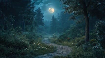 Enchanted Moonlight Path: A Serene Night in the Forest