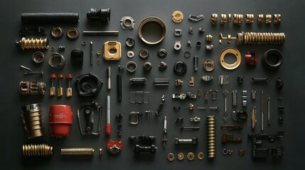 Flat lay of automotive accessories and small parts on dark gray surface.