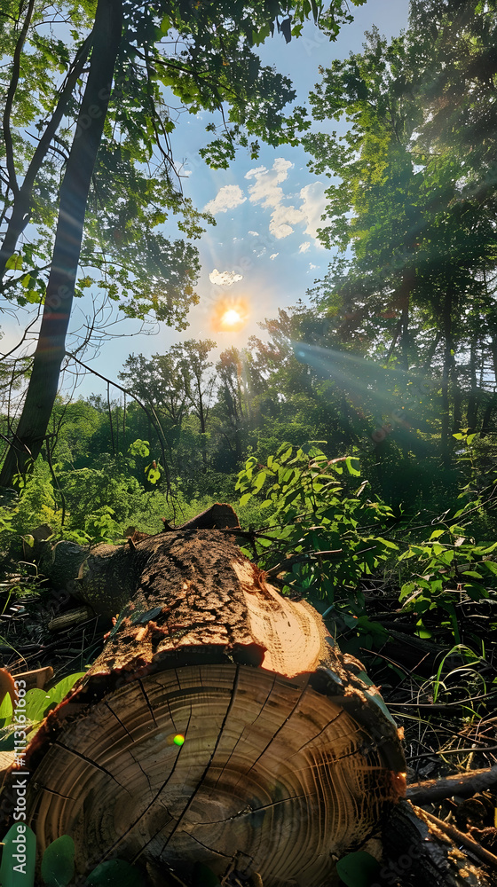 Poster a serene forest scene with sunlight filtering through trees and a fallen log in the foreground.