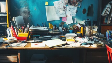 Cluttered, colorful desk filled with various office supplies, papers, and creative tools