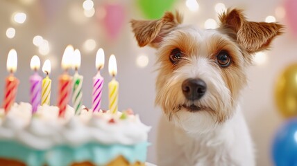 A dog curiously gazes at a birthday cake with lit candles, celebrating a special occasion.
