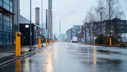 Obraz premium Urban industrial scene with wet pavement and smokestacks in fog.