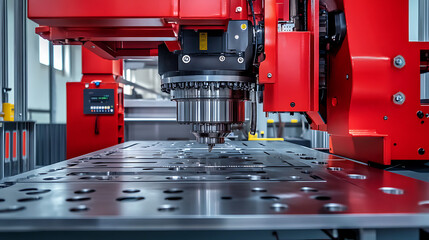 Close-up of a red industrial CNC punching machine in operation, precisely drilling holes in a metal sheet.