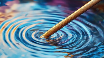Wooden stick creating ripples in vibrant blue water