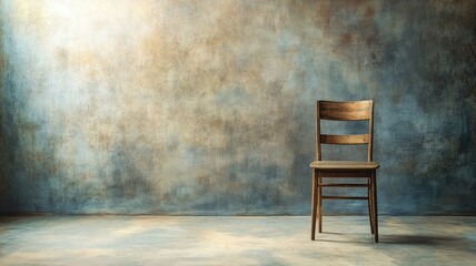Wooden chair against textured, muted wall in empty room