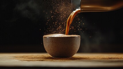 Fresh, hot coffee being poured into cup with steam