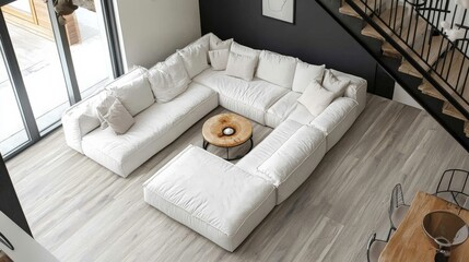 High-angle shot of a recently renovated basement with a large white sectional sofa, gray-toned wood-look flooring, and minimalist decor