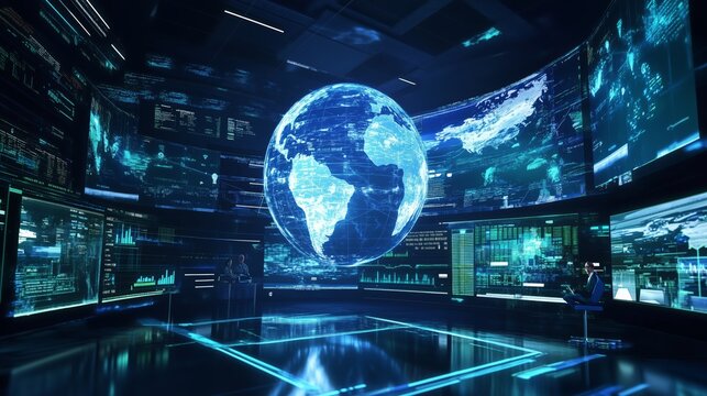 A digital news studio with a holographic globe, dynamic anchors, and glowing lights emphasizes global news.