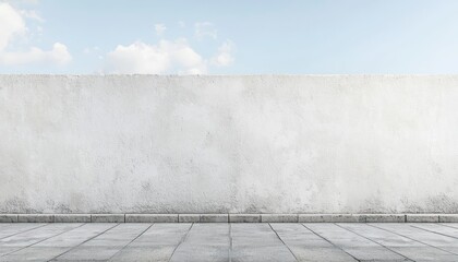 Concrete city street with a long wall covered in white plaster, featuring copy space for branding.