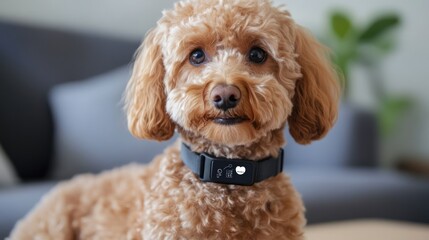 Adorable apricot poodle with a black collar and tracker.