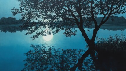 Fototapeta premium Serene moonlit lake, tree silhouette reflected.