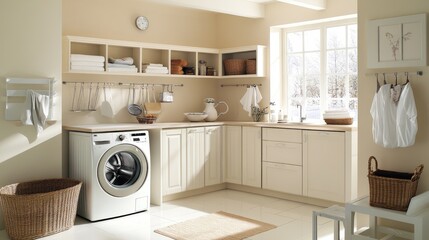 Modern laundry room with organized shelves, washing machine, and natural light.