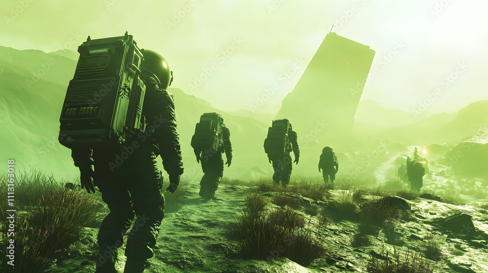 Poster A high-angle view of astronauts hiking along parallel paths through a glowing alien landscape.