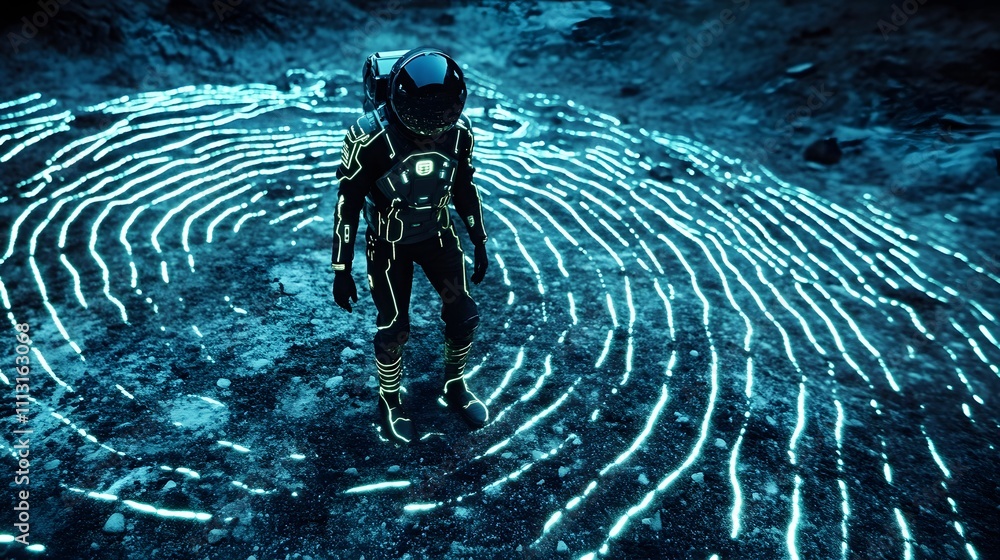 Poster Astronauts documenting symmetrical glowing lines forming intricate patterns on an alien plain.
