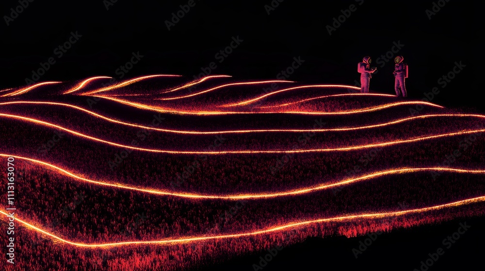Poster Astronauts documenting symmetrical glowing lines forming intricate patterns on an alien plain.