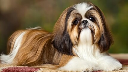 A Shih Tzu dog with a beautiful coat, resting gracefully on a surface.