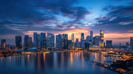 Fototapeta premium Singapore skyline sunset, city lights reflecting.