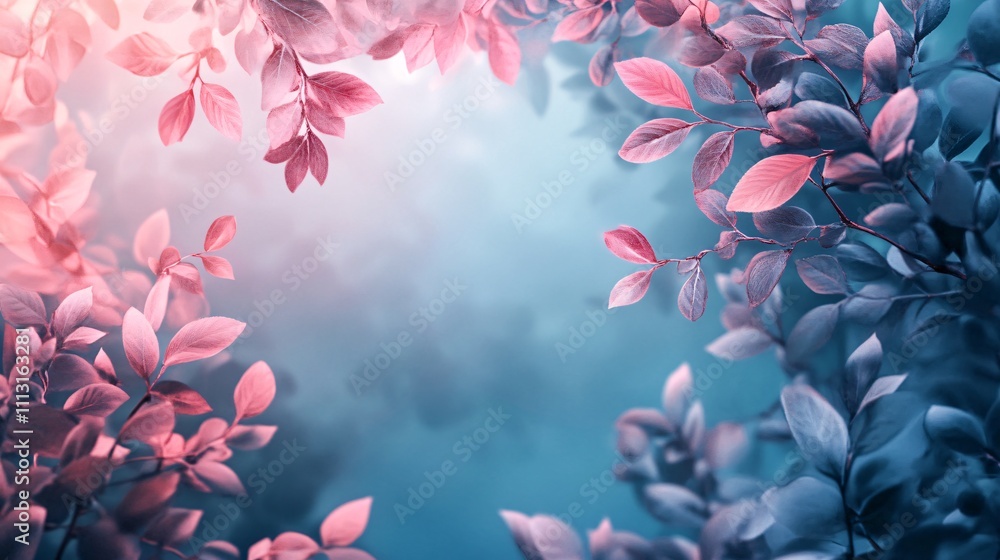 Aufkleber pink and blue leaves creating a natural frame on a soft background