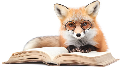 A clever-looking fox wearing a pair of round glasses, sitting beside an open book