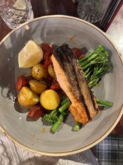 grilled salmon with potatoes and chorizo