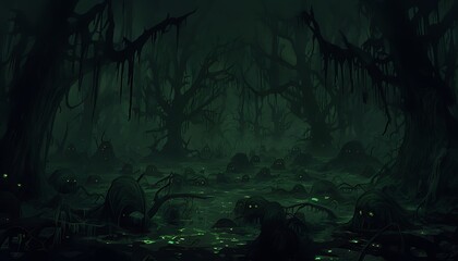 eerie swamp with dark trees and glowing eyes