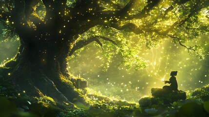 Fototapeta premium A candid image of a forest spirit weaving glowing threads into the branches of an ancient tree.