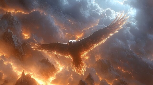 A realistic depiction of a thunderbird gliding above a stormy landscape, its wings crackling with electric energy.