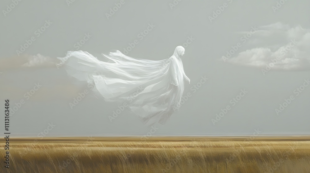Poster a clean composition of a banshee floating above a calm meadow, her flowing form blending into the ne