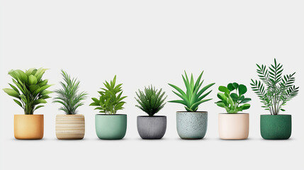 Fototapeta premium A Row of Green: A vibrant collection of potted plants, each unique in its foliage and container, creating a visually captivating display of nature's beauty and life. 