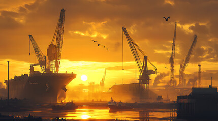 Obraz premium Silhouetted shipyard at sunset with cranes, ships, and smoky atmosphere.