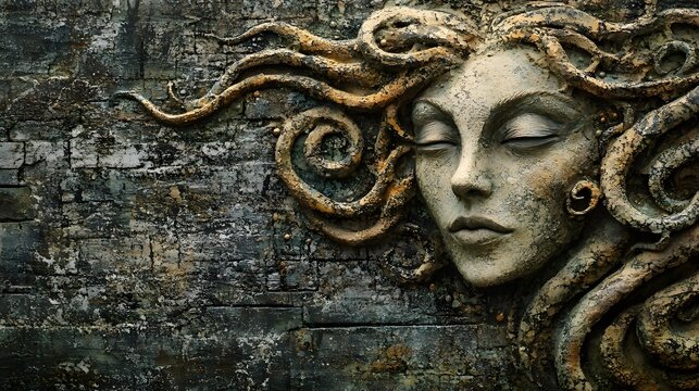 A neutral-toned image of a gorgon gazing softly into the distance, her form subdued against a flat stone wall.