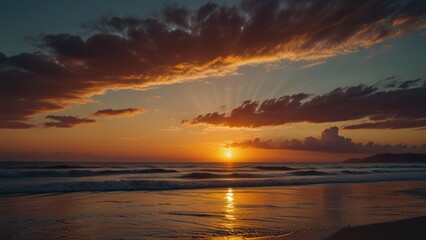 Fototapeta premium Dramatic sunset over the ocean beach with vibrant colors and clouds.