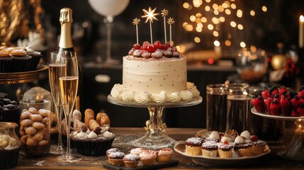 New Year dessert table with champagne, festive cakes, and sweets