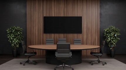 Modern Conference Room with Round Table and Black Chairs