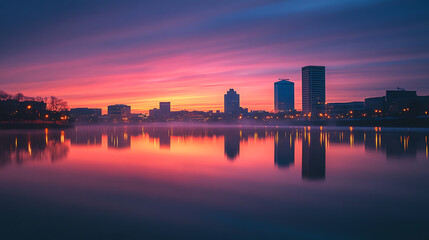 Fototapeta premium Vibrant sunrise colors reflected in a calm urban waterfront, showcasing a city skyline at dawn.