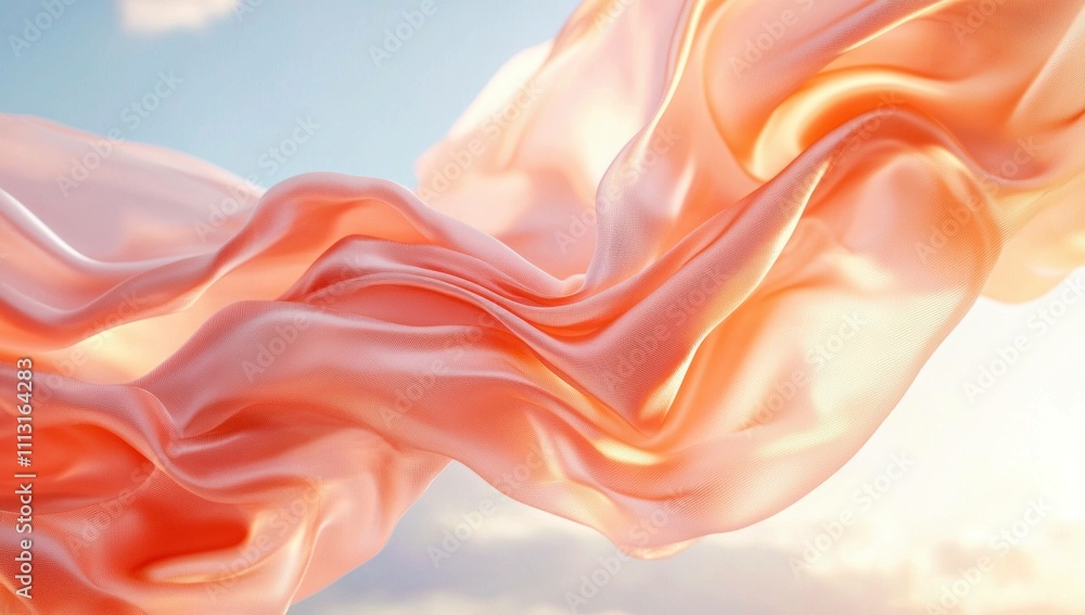 Poster flowing translucent fabric creating an elegant movement against a soft sky backdrop, capturing the e