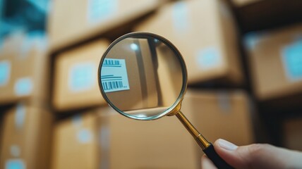 Hand holding magnifying glass inspecting barcode on boxes in warehouse