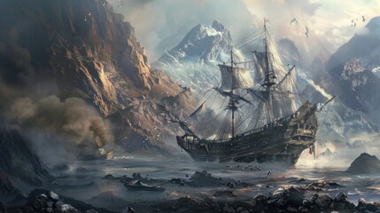 Obraz premium Ship Sailing Through Dramatic Mountainous Landscape